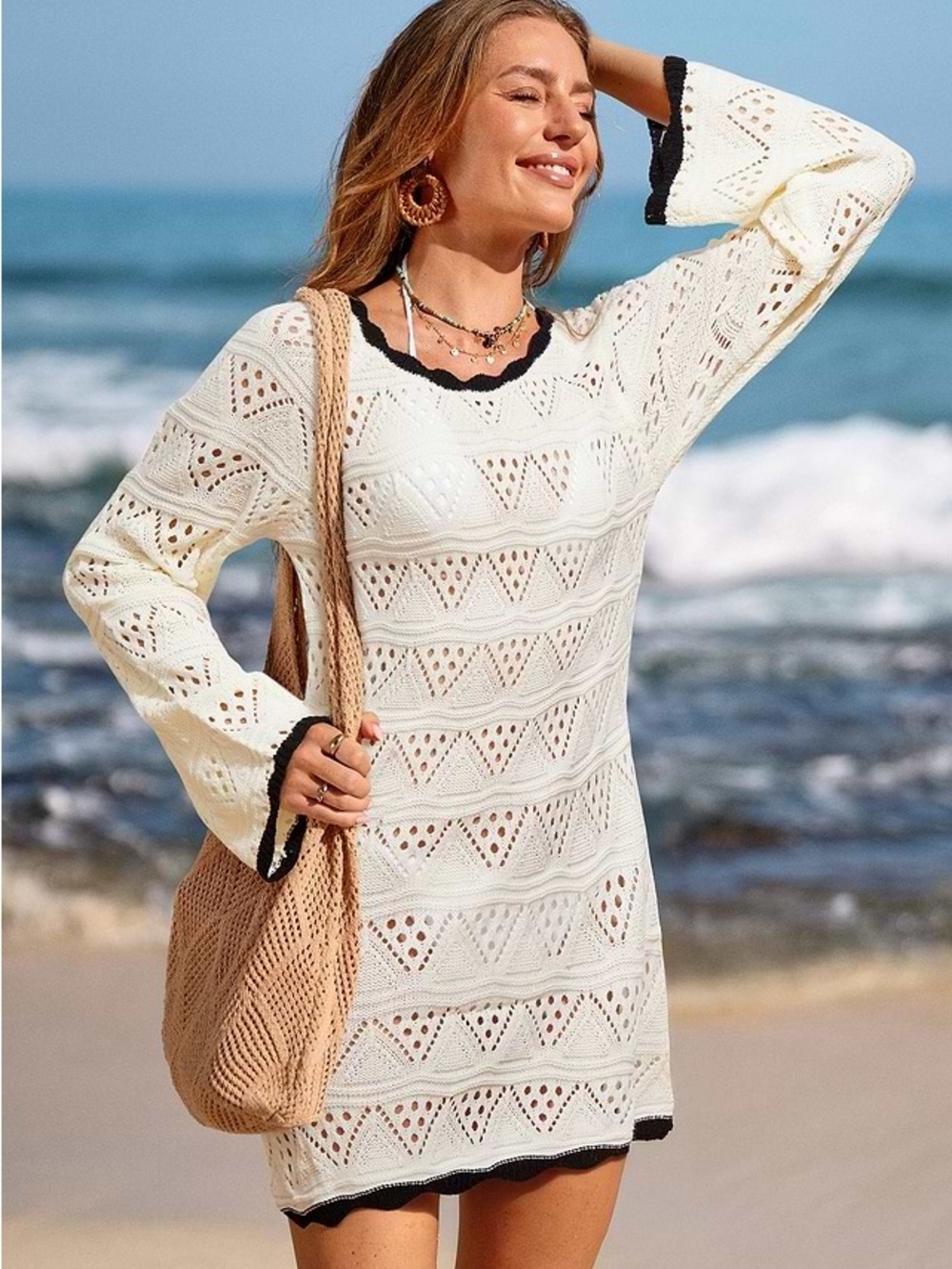 CUPSHE Amaze Beach Cover Up Mini Dress Long Sleeve crochet bohemian